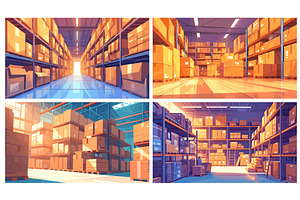 Cartoon warehouse interior set, a Transportation Illustration by Stock-Smart-Start