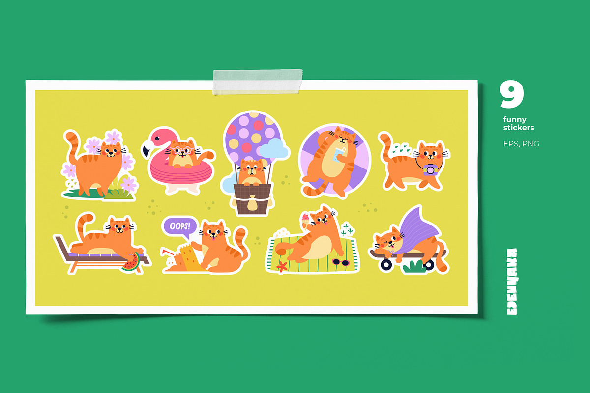 Summer Cats. Cards & Stickers, an Animal Illustration by Ejevyaka (Photo 5 of 7)