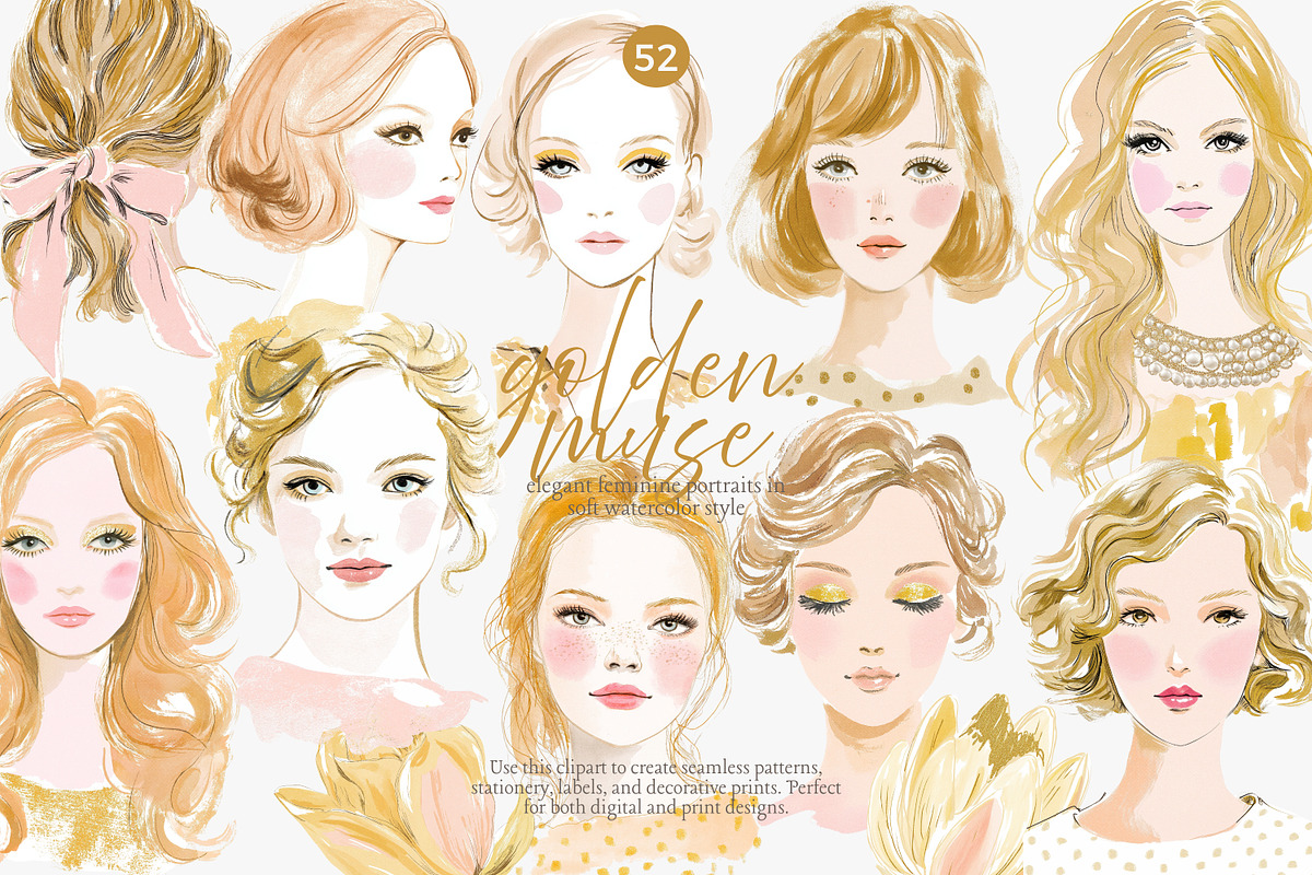 Golden muse clipart set, a Decorative Illustration by Patishop Art (Photo 1 of 10)