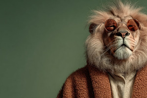 Portrait of Stylish Lion Wearing Round Sunglasses and Brown Coat, a Person Photo by José Manuel Gelpi