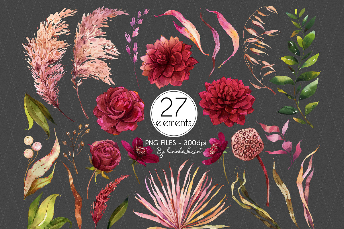 Burgundy Botanical Boho clipart set, an Illustration by KarinkaBU (Photo 6 of 9)