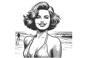 Smiling Woman at the Beach engraving, a Person Illustration by AlexArt