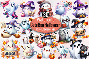 Watercolor Cute Boo Halloween Clipar, an Illustration by SVGArt