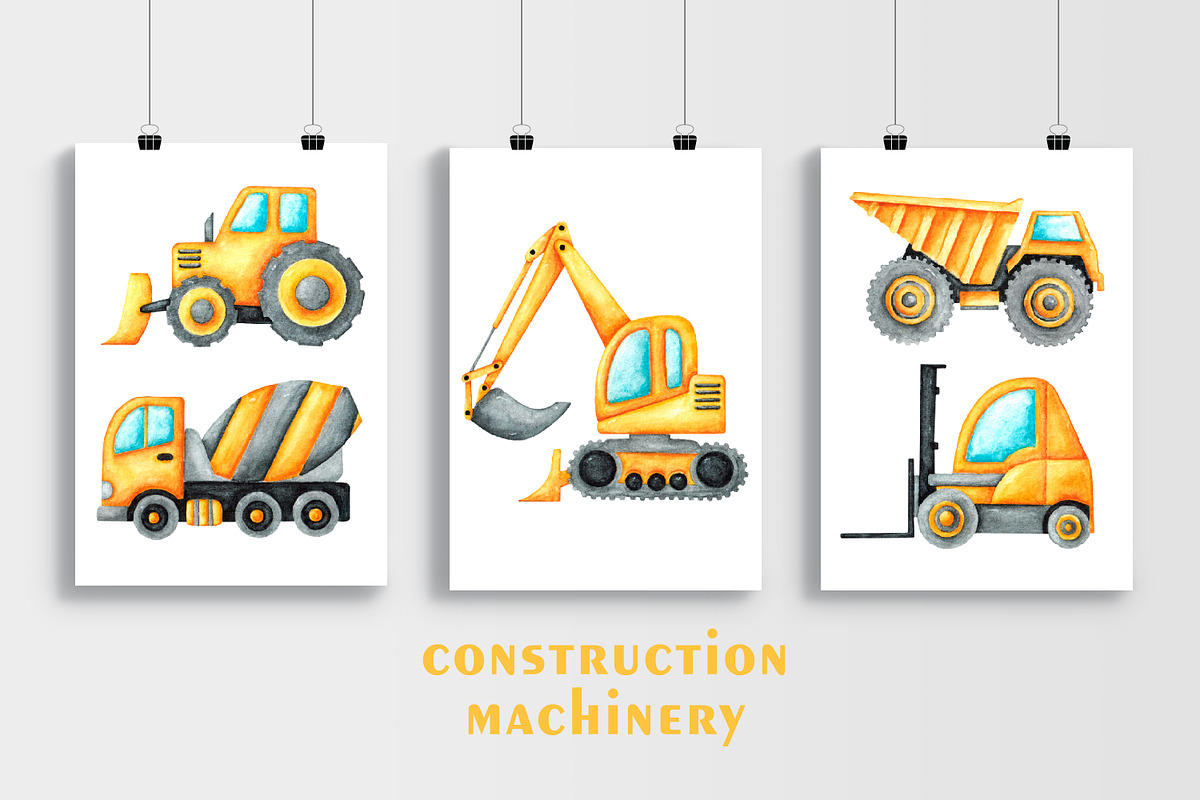 Construction vehicles watercolor set, a Transportation Illustration by SabinaWatercolorArt (Photo 14 of 20)