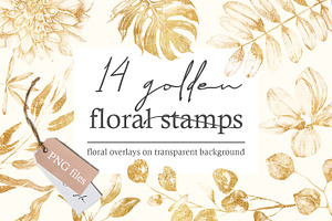 14 Gold Foil Floral Stamps Clip Arts