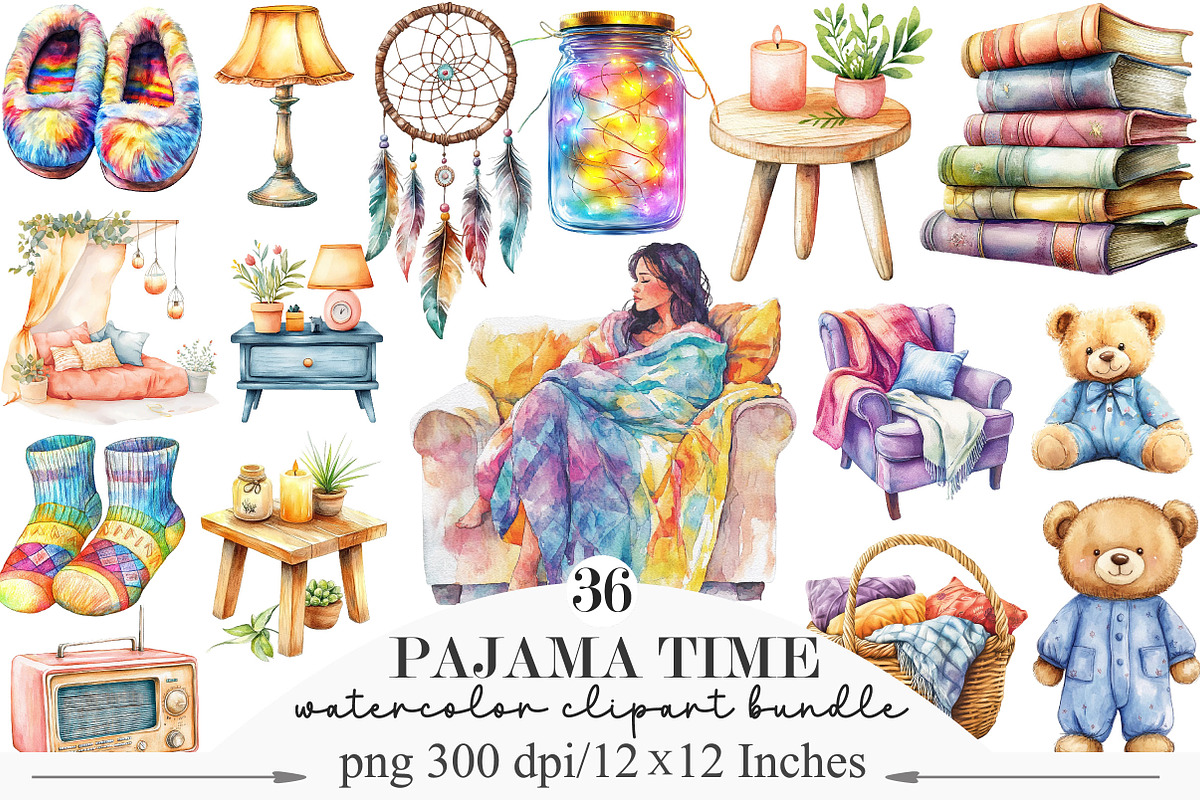 Watercolor Pajama Time Clipart, an Illustration by Designking (Photo 1 of 5)