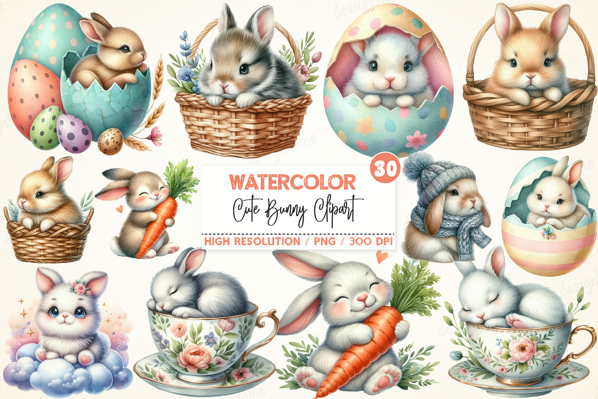 Watercolor Cute Bunny Clipart PNG, an Illustration by designhome ...