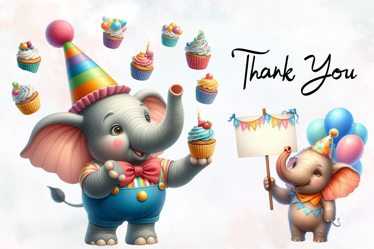 Elephant Birthday Watercolor Clipart, an Illustration by RobertsArt (Photo 3 of 8)
