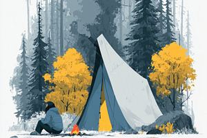 Camping tent in forest with campfire illustration, a Person Photo by José Manuel Gelpi