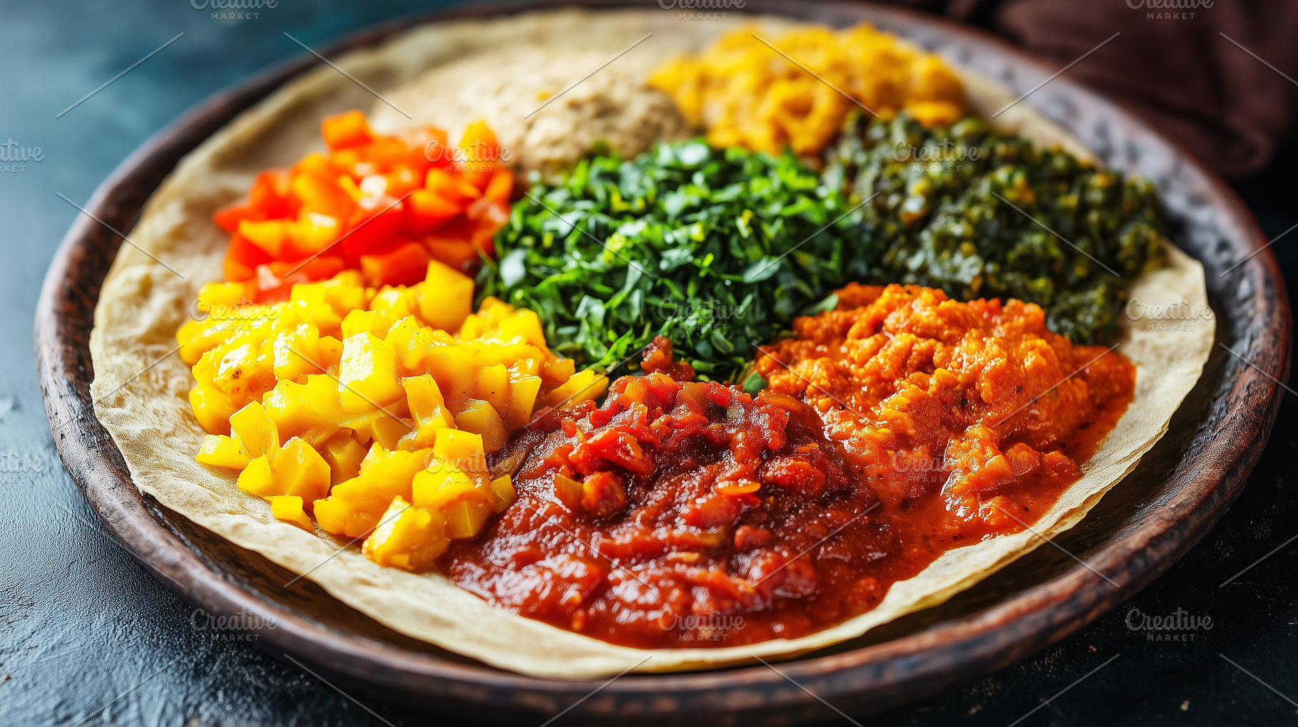 Ethiopian injera with colorful stews, a Food & Drink Photo by MistyDay