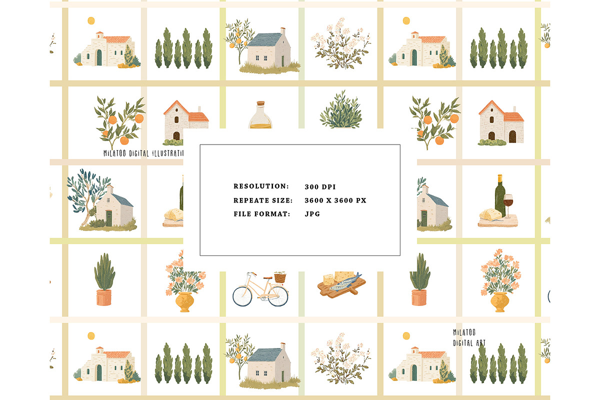 Mediterranean Village House pattern, a Pattern Graphic by Milatoo (Photo 2 of 3)