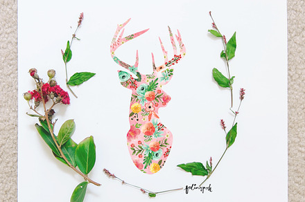 Watercolor Deer Flowery-Filled