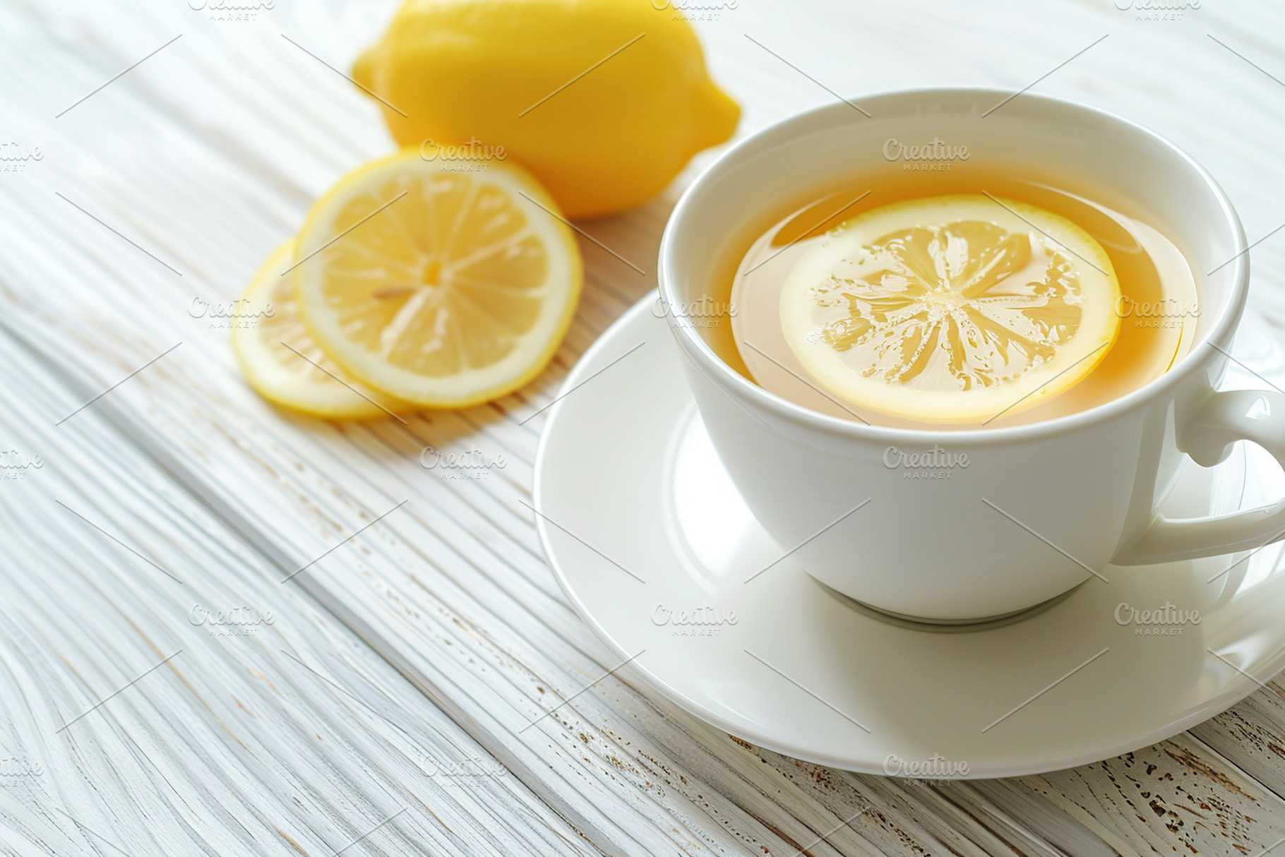White cup of aromatic tea with lemon sliced on white wooden background, a Food & Drink Photo by AlyaAnd