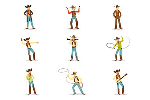 North American Cowboy With Different Accessories Set Of Cartoon Characters, Modern Western Cattle Hurdlers In Traditional Texan Cowboy Outfit.