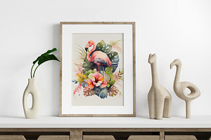 Watercolor Tropical Flamingos