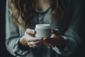 Woman holds delicate cosmetic jar, a Photo by Pavel_design