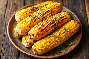 Savory corn on the cob topped with chili butter and herbs for summer grilling, a Food & Drink Photo by AlyaAnd