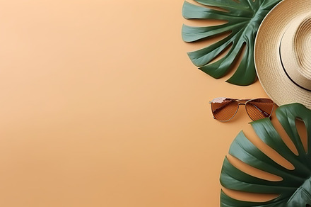 Summer hat with sunglasses and monstera leaves. Summer time concept. Generative, a Beauty & Fashion Photo by AlyaAnd