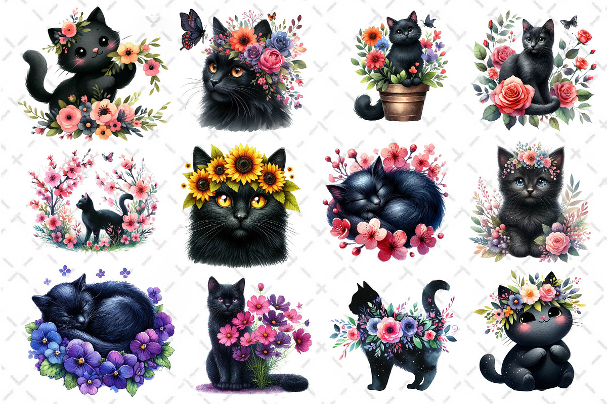 Watercolor Floral Black Cat Clipart, an Illustration by Dream Creation (Photo 3 of 5)