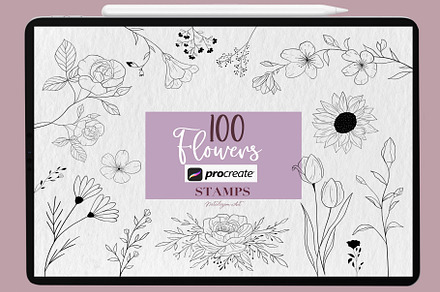 100 Flowers Procreate Stamps, a Brush Add-On by NataliArt