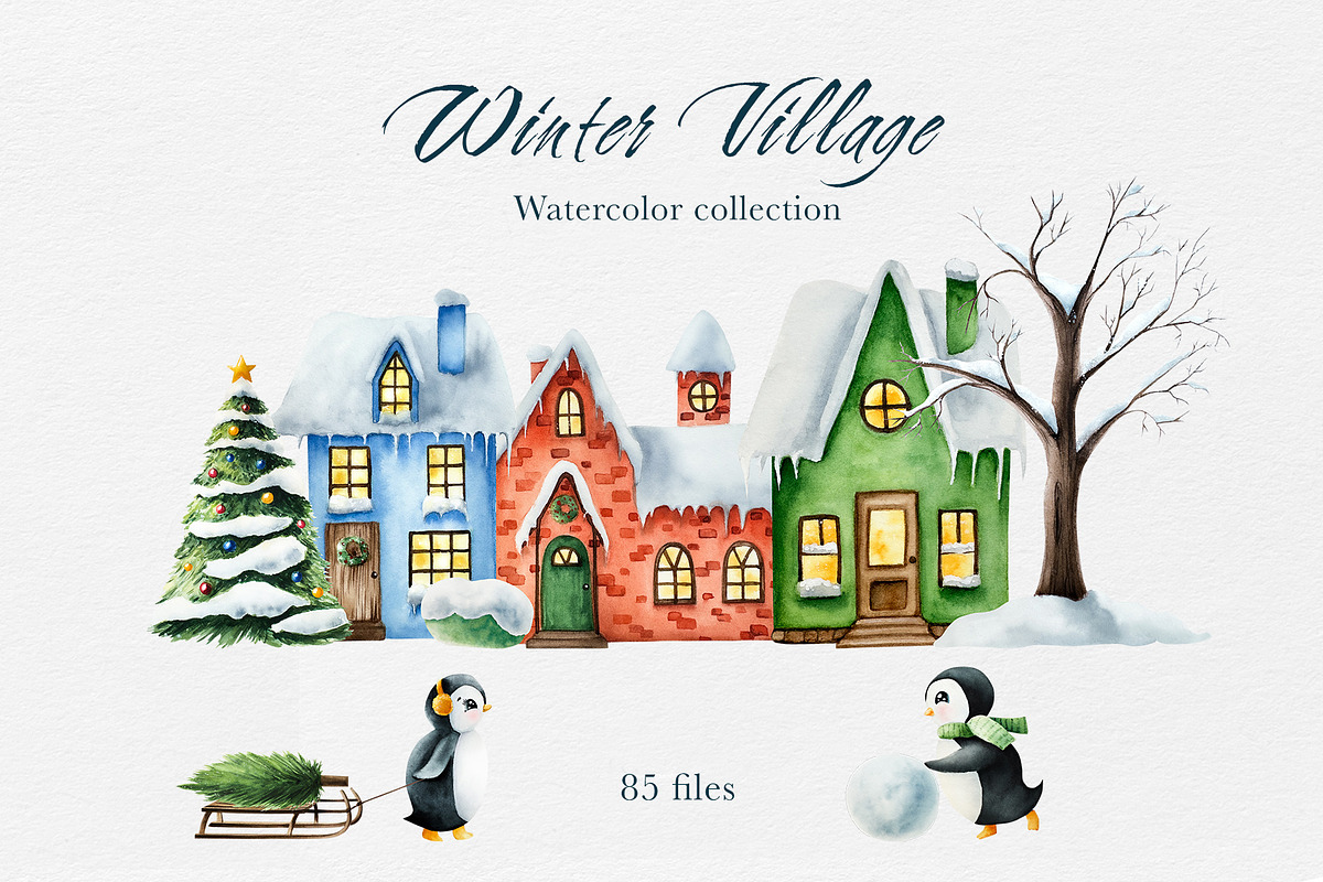 Watercolor Winter Penguin Village, an Illustration by Navenzeles (Photo 1 of 11)