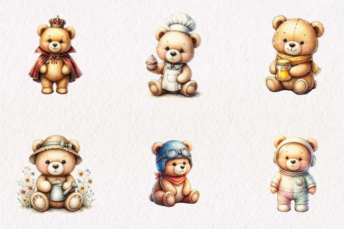 Watercolor Teddy Bear Clipart, a Seasonal Illustration by CreationArt (Photo 3 of 7)