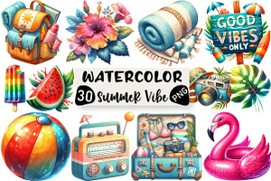 Watercolor Summer Vibe Clipart, an Illustration by Black Bird Studio