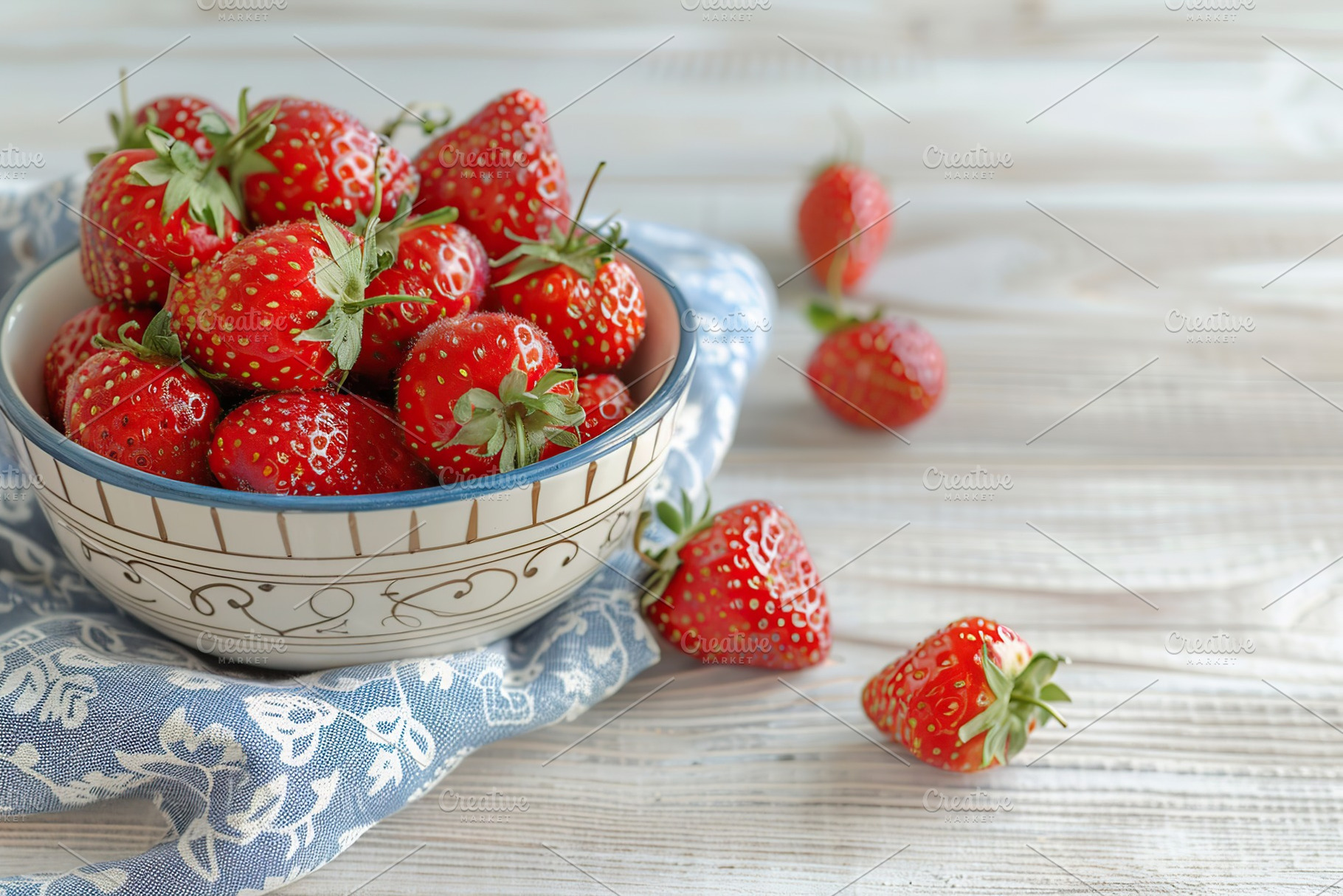 Red strawberries in bowl with napkin on wooden table, a Food & Drink Photo by AlyaAnd