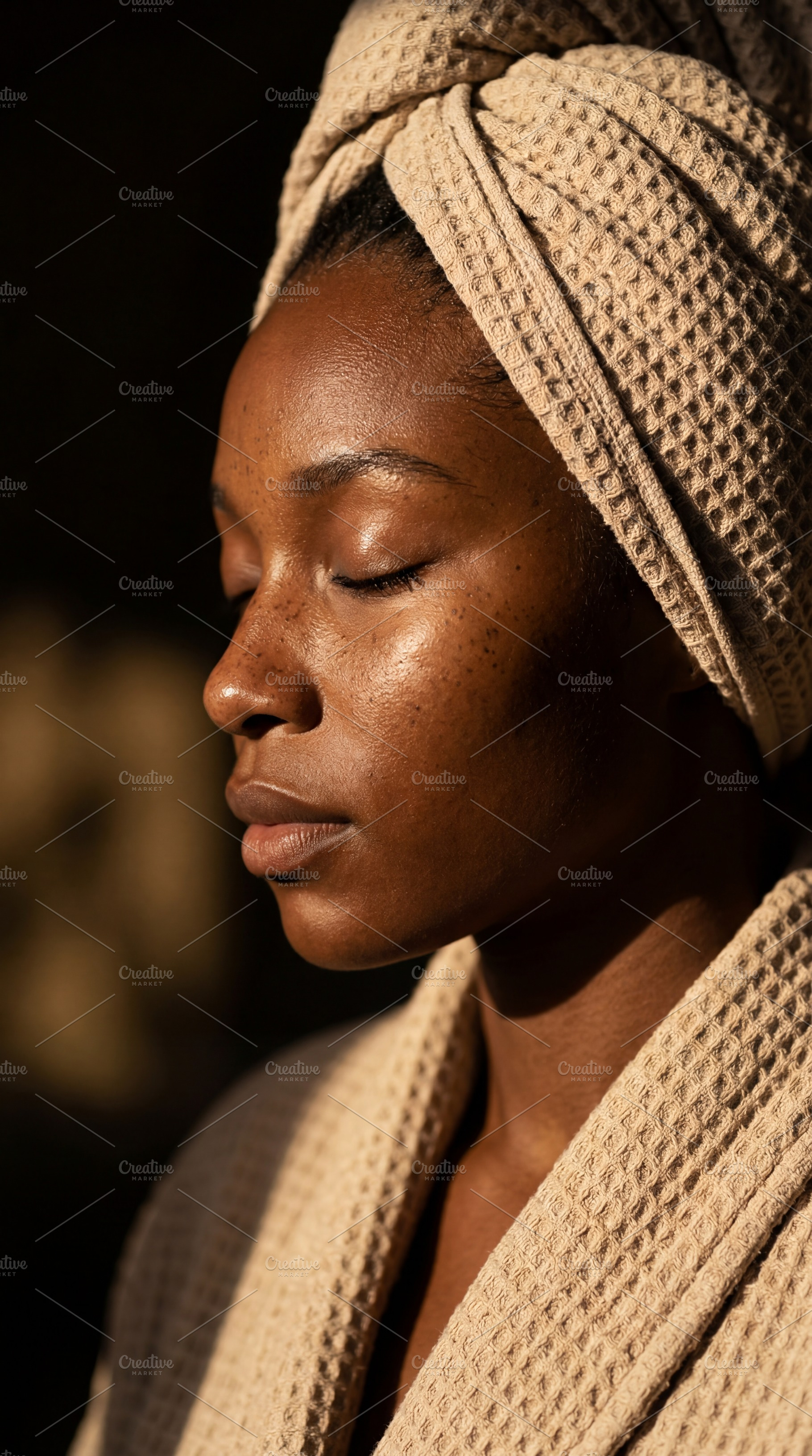 Serene Black woman with hair towel, a Beauty & Fashion Photo by Virgo Studio