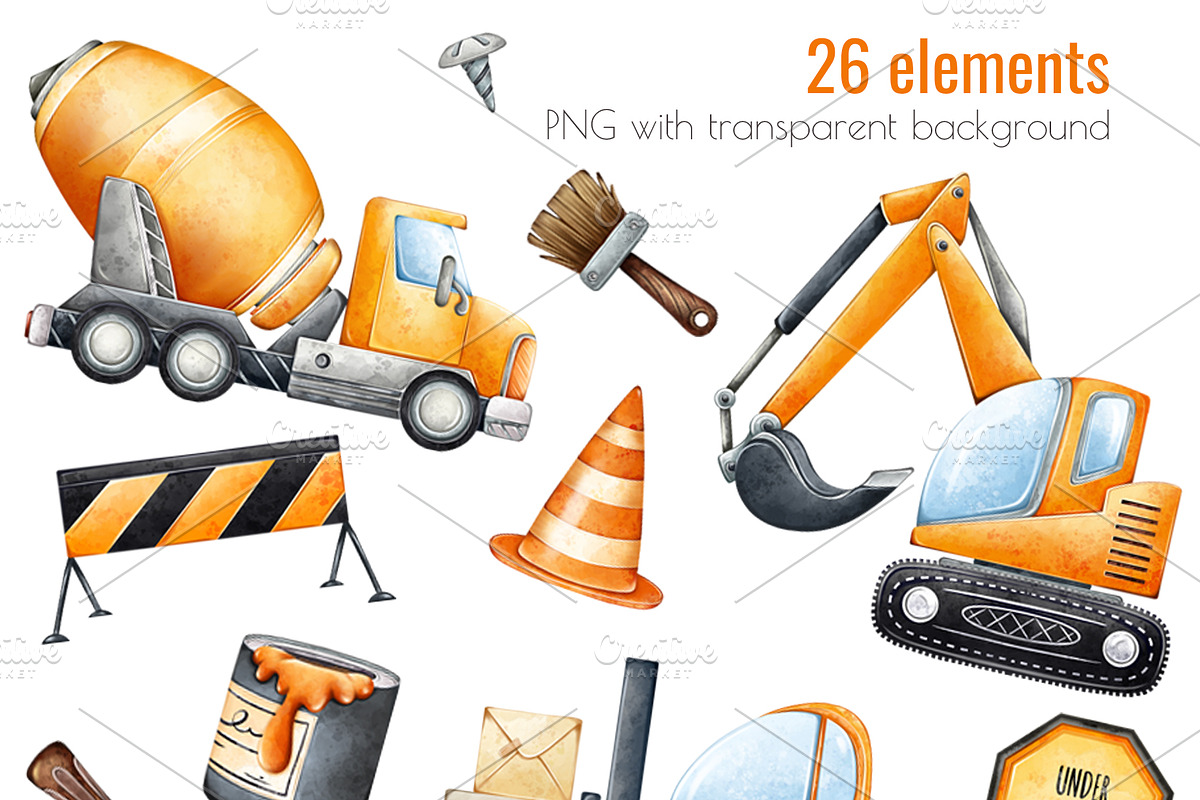 Watercolor Construction Clipart PNG, a Transportation Illustration by Mespilia (Photo 2 of 5)