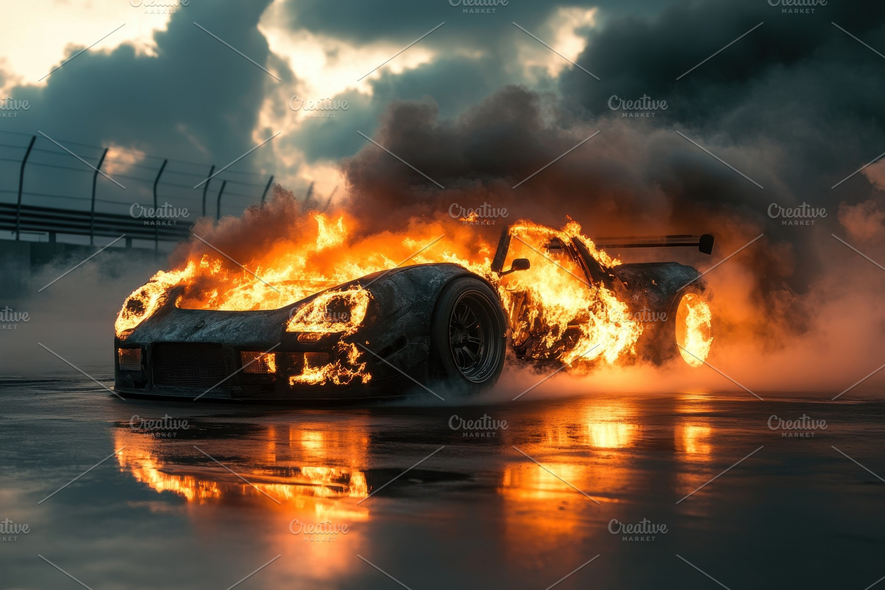 Burning race car engulfed in flames, a Photo by Iftikhar Alam