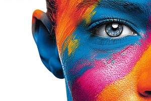 Human face painted with vibrant blue, a Person Photo by MistyDay