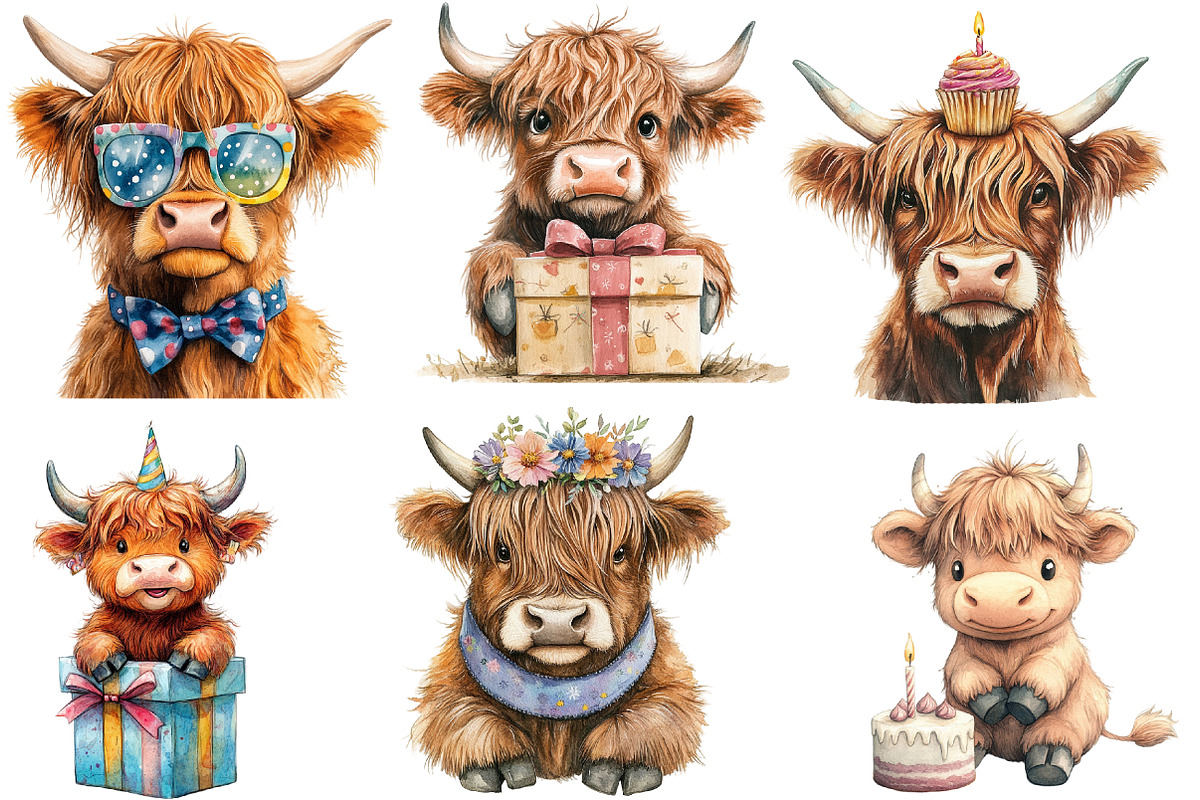 Birthday Highland Cow Clipart, an Illustration by Designworld (Photo 4 of 8)