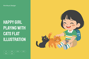 Happy Girl Playing with Cats Flat, a Person Illustration by Partikusi Design