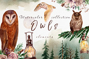 Owls and lanterns.Watercolor clipart, a Decorative Illustration by a_ptichkina (Thumbnail 1 of 7)