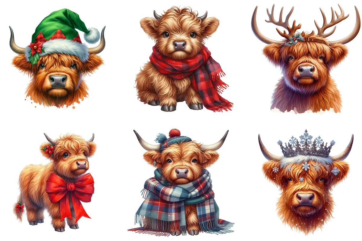 Christmas Highland Cows Clipart, an Illustration by DreamArtGraphic (Photo 3 of 5)