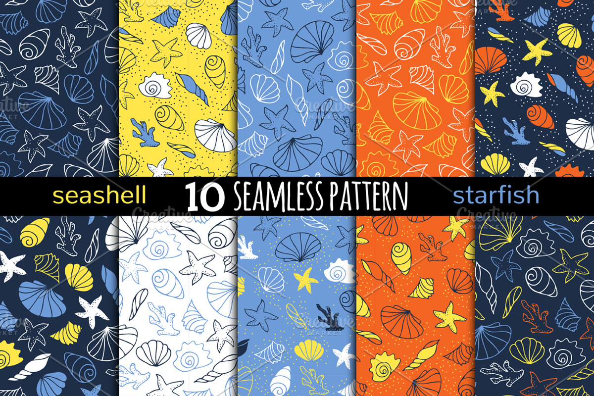 10 seamless patterns with seashells, a Pattern Graphic by EvgeniaV (Photo 1 of 7)