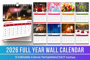 2026 Full Year Wall Calendar Canva, a Stationery Template by Mustafiz
