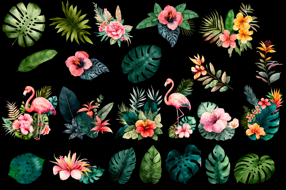 Tropical flowers clipart & Flamingo., a Decorative Illustration by ElenazlataArt (Photo 3 of 5)