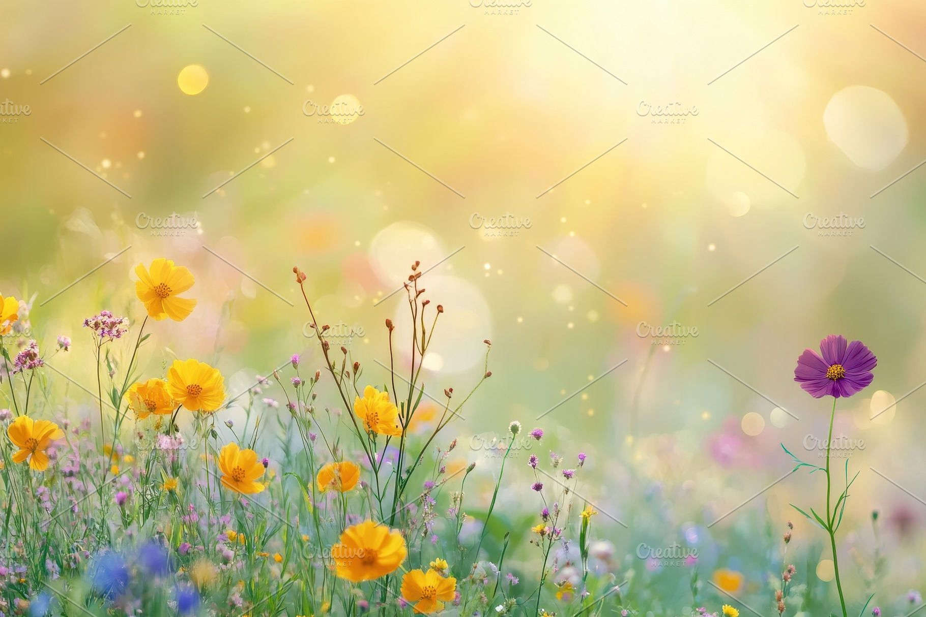 Colorful flower meadow with sunbeams, a Photo by Pavel_design