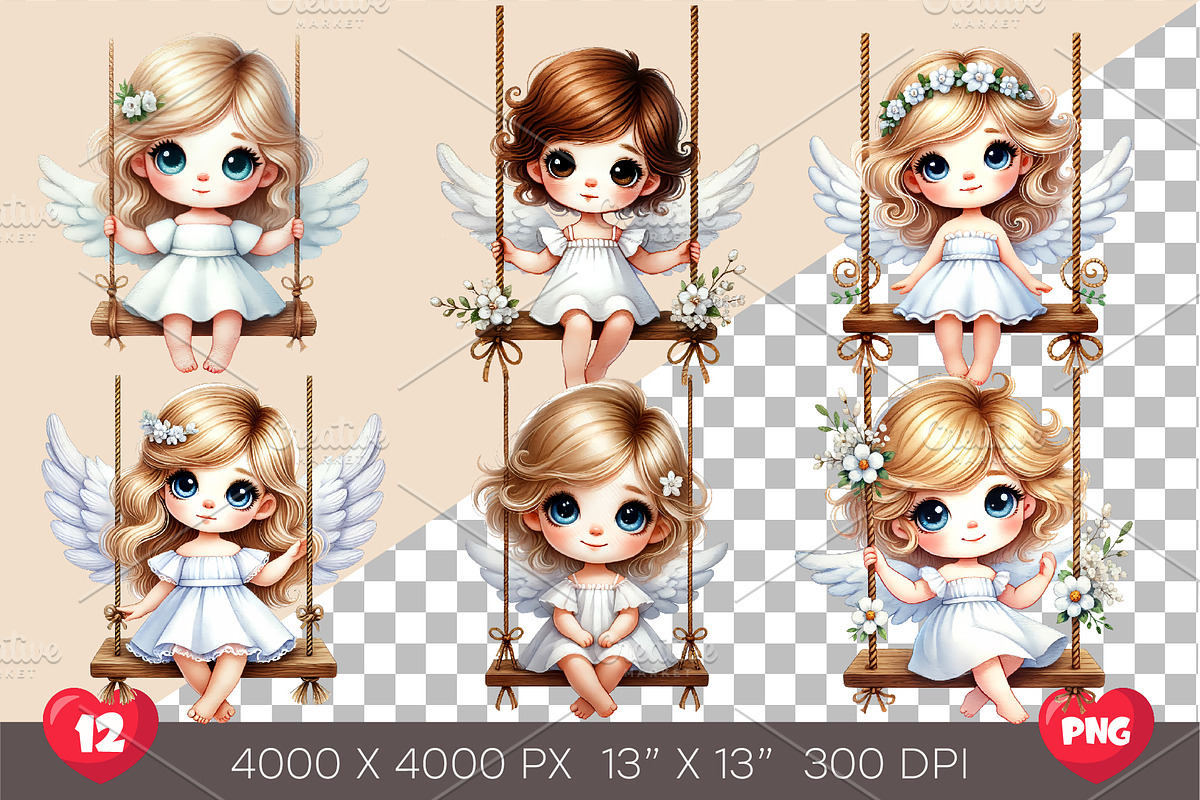 Cute Angel on Swing. Clipart, PNG., an Animal Illustration by KENO Mascots (Photo 2 of 8)
