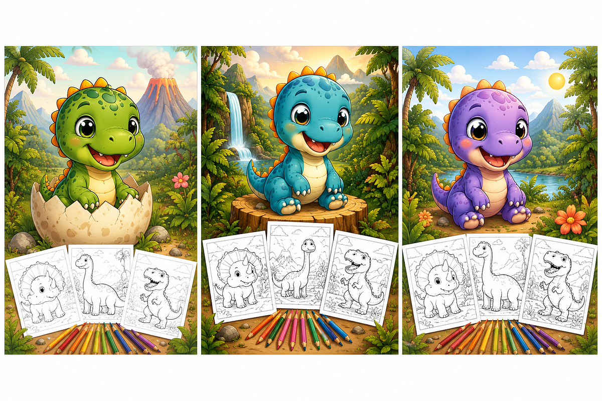Cute Dinosaur Coloring Book Pages, a Pattern Graphic by S Graphic Studio (Photo 3 of 3)