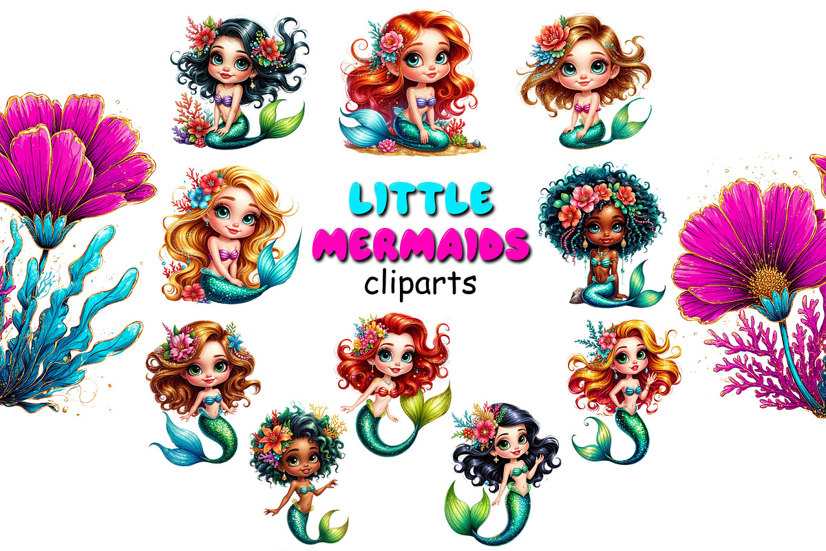 Little mermaids clipart set png, an Object Graphic by JuliaStarArt-FantasyHome (Photo 2 of 12)
