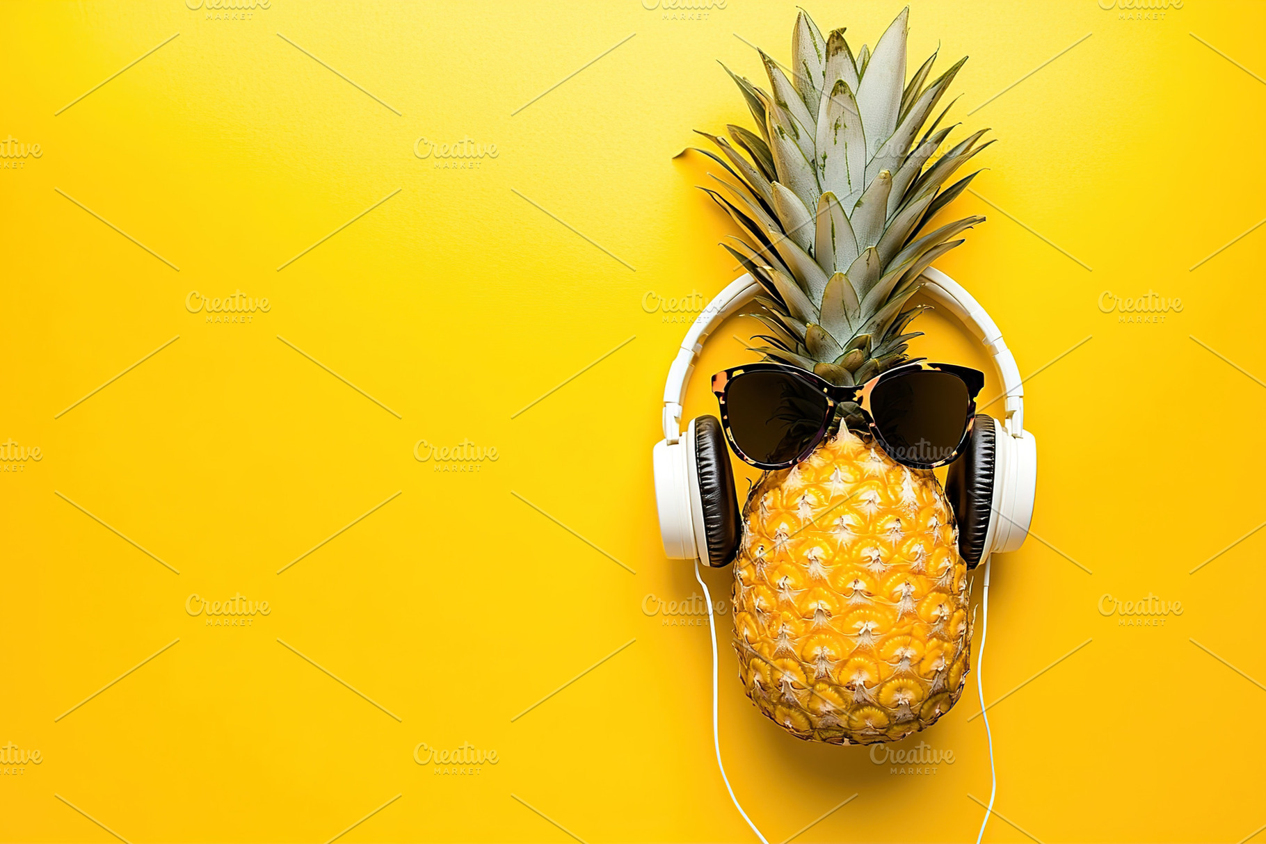 Pineapple wearing sunglasses and headphones on bright yellow bac, a Beauty & Fashion Photo by AlyaAnd