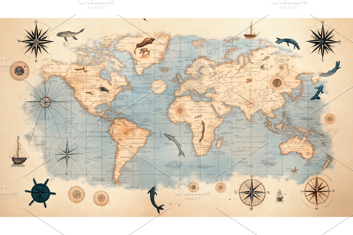 Vintage world map featuring ocean, an Illustration by Sergey Kotenev