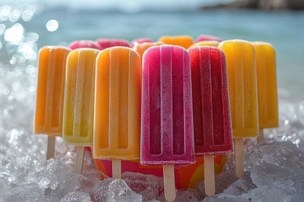 Colorful popsicles arranged on ice b, a Photo by Tanuart