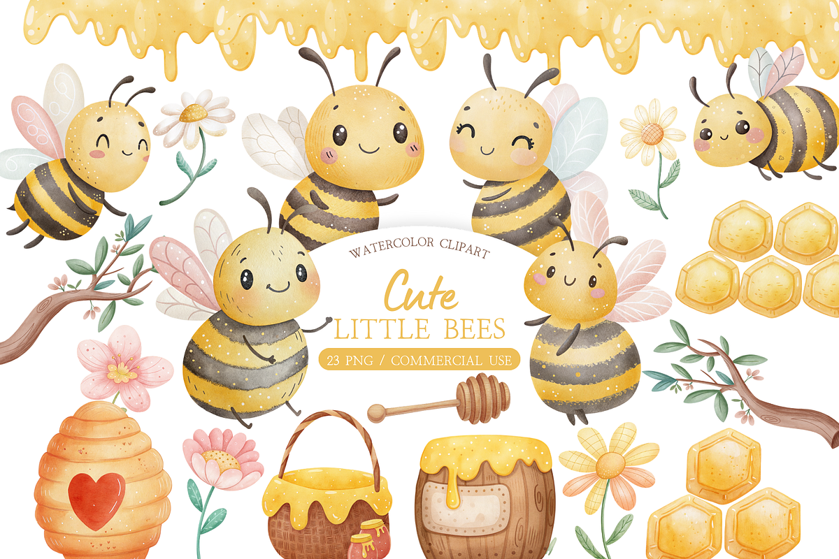 Cute Little Bees Watercolor Clipart, an Illustration by MockupWizard (Photo 1 of 4)