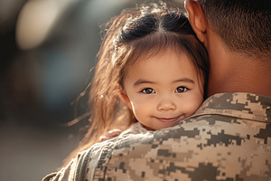 Military soldier man hugs his daughter, after military assignment, a Person Photo by AlyaAnd