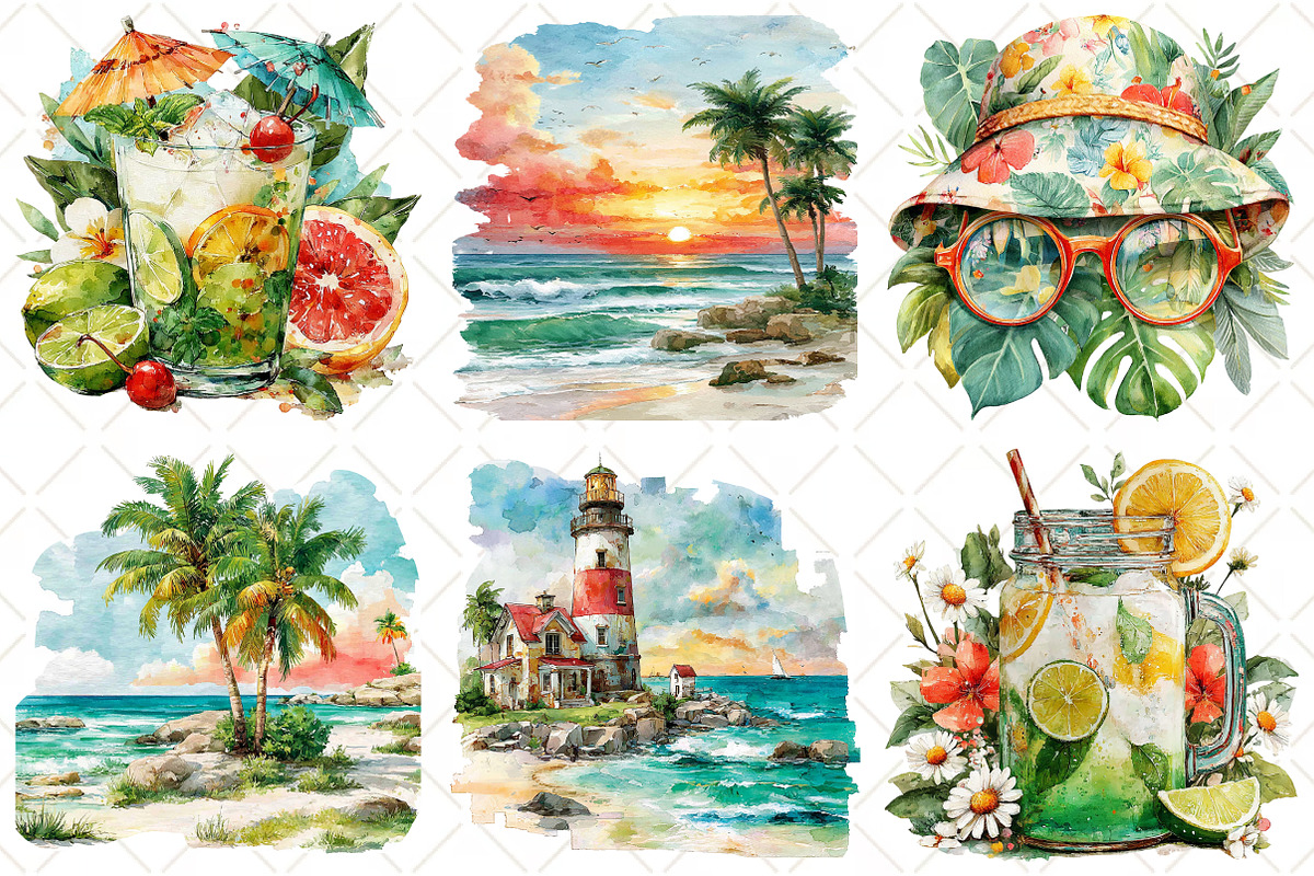 Watercolor Summer Beach Clipart, an Illustration by Black Bird Studio (Photo 4 of 5)
