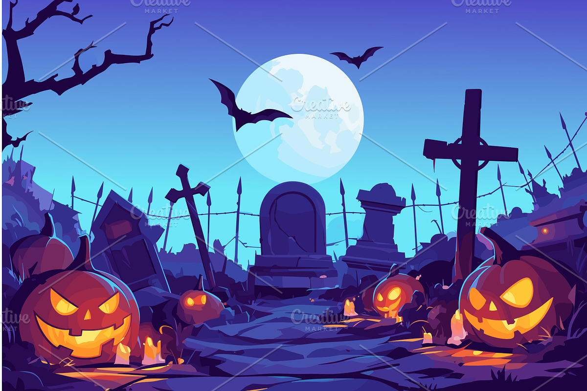 Cartoon cemetery on a full moon for, a Texture Illustration by LadadikArt